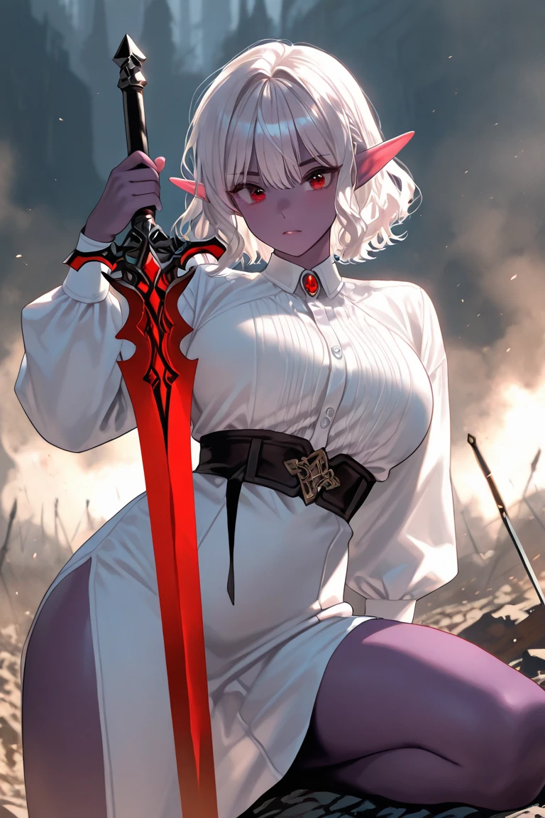 ((1 woman with penis, erect penis)),((with a cape on the back, with crown))),((medium breasts, bare breasts, erect breasts, grasping breasts)),((short white hair)), ((red eyes, calm face)),((standing, on a street, with an erect penis between his legs)),((in an evil haunted castle, at night)),((1 arm behind his back )),