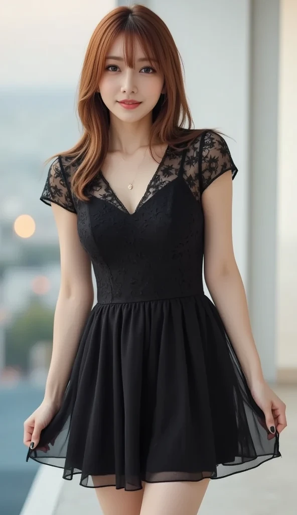 ((Best quality, 8k, Masterpiece :1.3)), 1girl, smiling, full body, slim face, Pretty woman, (Dark brown hair), full length dress :1.1, Ultra-detailed face, Detailed eyes, Double eyelid, blur background, slim face, city, outside, street,