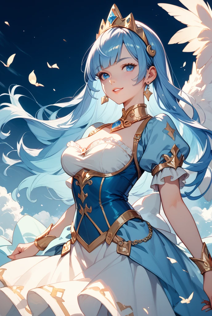 8k, masterpiece, high-quality, Goddess, Artemis, long blue hair, green eyes, white pale blue dress, bow, beautiful, big, big breast, dark blue gloves, greek goddess, moonlight, forest, night