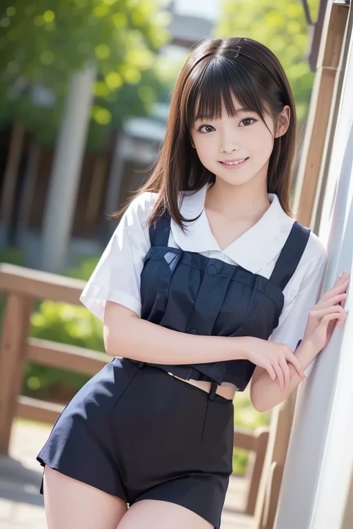 (8K, RAW Photos, Highest quality, masterpiece:1.2), (Realistic, Photorealistic:1.37), (((cowboy shot))), Super detailed, Ultra High Resolution, ((Solo girl, )), ((Red checkered bow tie, white dress shirt, blue pleated skirt)), Japanese Student Model, Looking into the camera, Beautifully detailed face, A kind smile, (cute:1.2), narrow, (Slim waist:1.3)