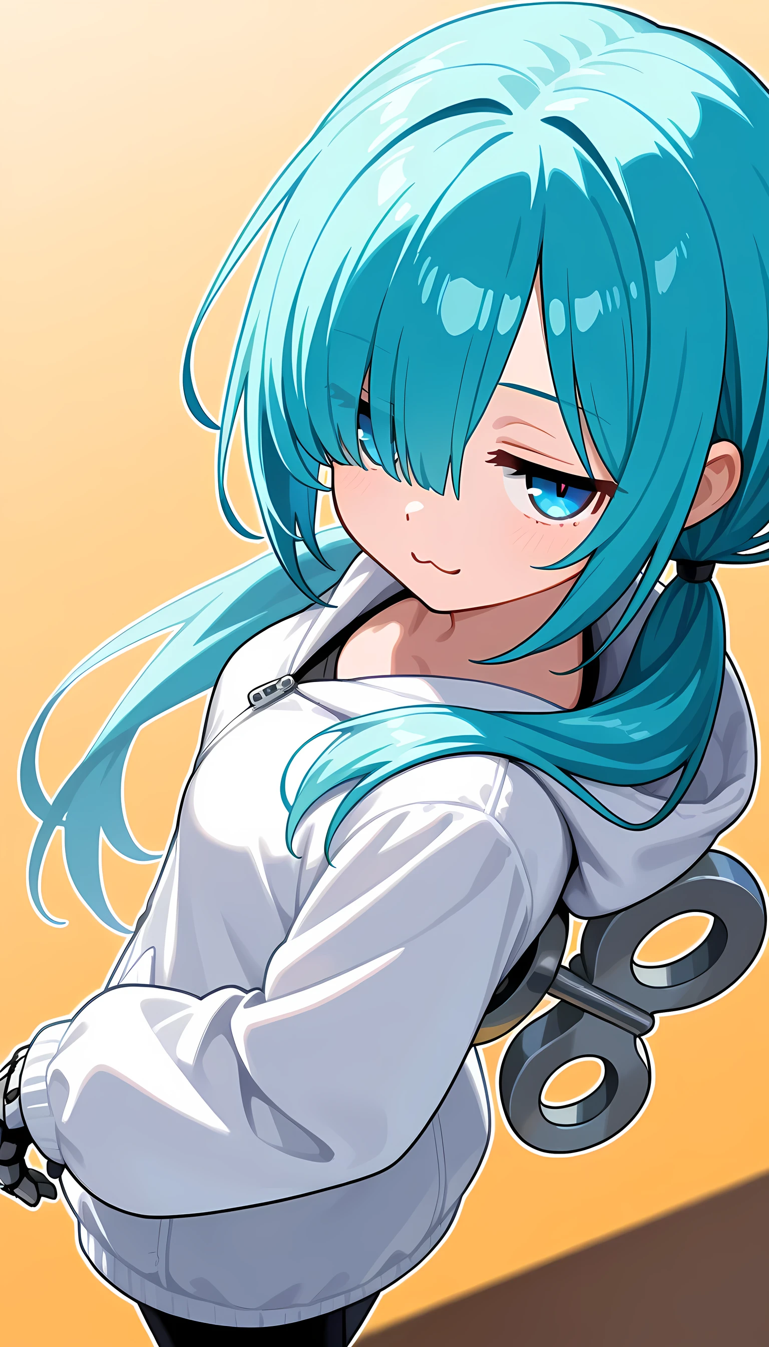 ((masterpiece)), ((best quality)), (ultra-detailed), chibi-style anime illustration, fine line drawing,fine detail , pixel art , rough outline, 1girl,long hair,turquoise hair,((low twintail hair)), hair over one eye, (hair over right eye),clockwork in eyes,((jitome)) ,:3,smile , small breasts,petite,(winding key with the back ), (oversized white parka),mechanical muscular hands,dynamic angle ,from above