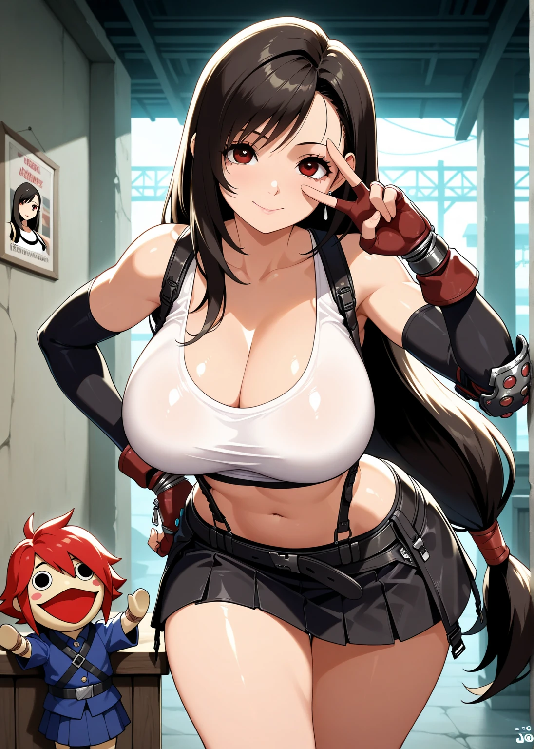 One person, Tifa Lockhart, Deftifa, Red eyes, Long hair tied low, Earrings, White crop top, suspenders, Black mini skirt, Pencil Skirt, Arm warmers, Black elbow gloves, Elbow pads, Red gloves, Red footwear, smile, (heavy chest:1.1, ), huge breasts), (heavy chest:1.1, ),