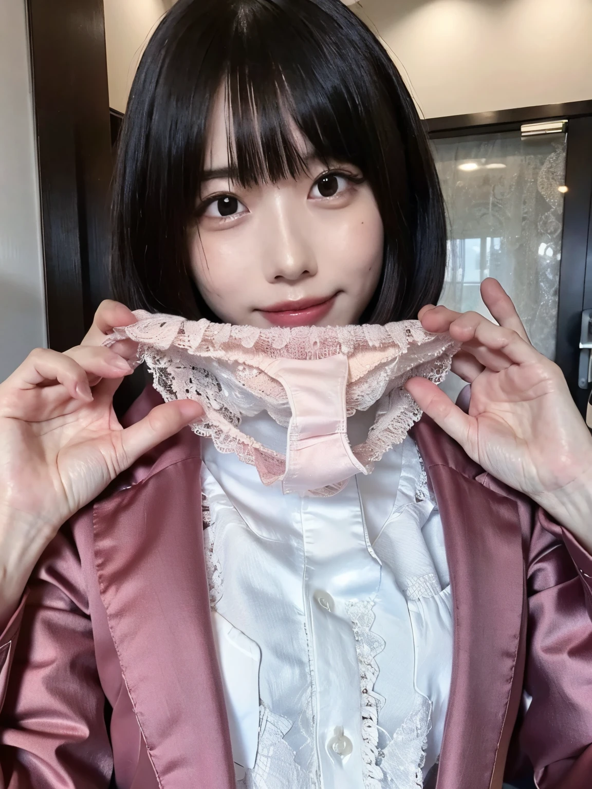 ((best quality)), (masterpiece),Japanese,Beautiful Faces, detailed hair,18 years old, long dark brown hair,((((pink lace panties))),embarrassing, business suit,