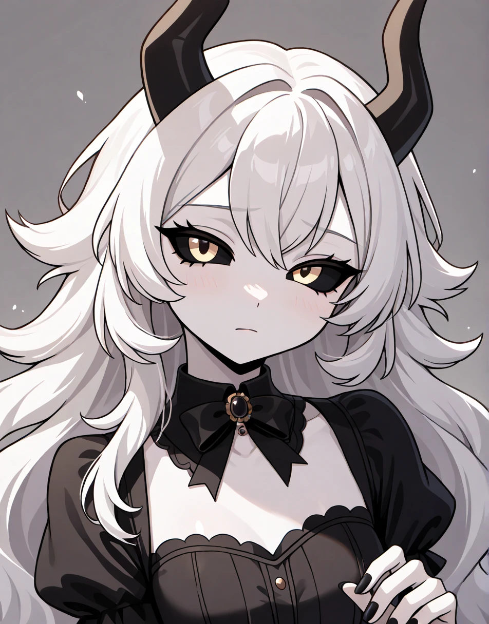 RPG Character Design: A woman, fair-skinned with freckles on her face, short wavy white hair, with two red eyes, with a black arrow-tipped tail, two pairs of white horns that appear to be chitin spikes, with a grandiose and self-centered expression, no suits