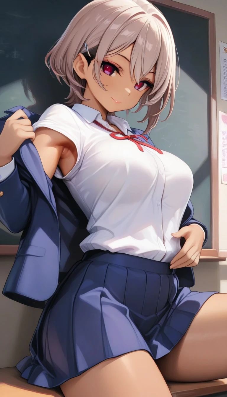 8k, RAW photo, best quality, masterpiece:1.2,1girl,mature female,cleavage,((White_hair:1.2)), (glowing red pupils),(office_lady),((pull panties))、cowboy shot、((panty pull))、(wearing a skirt:1.2),bent over、(locker room:1.2),