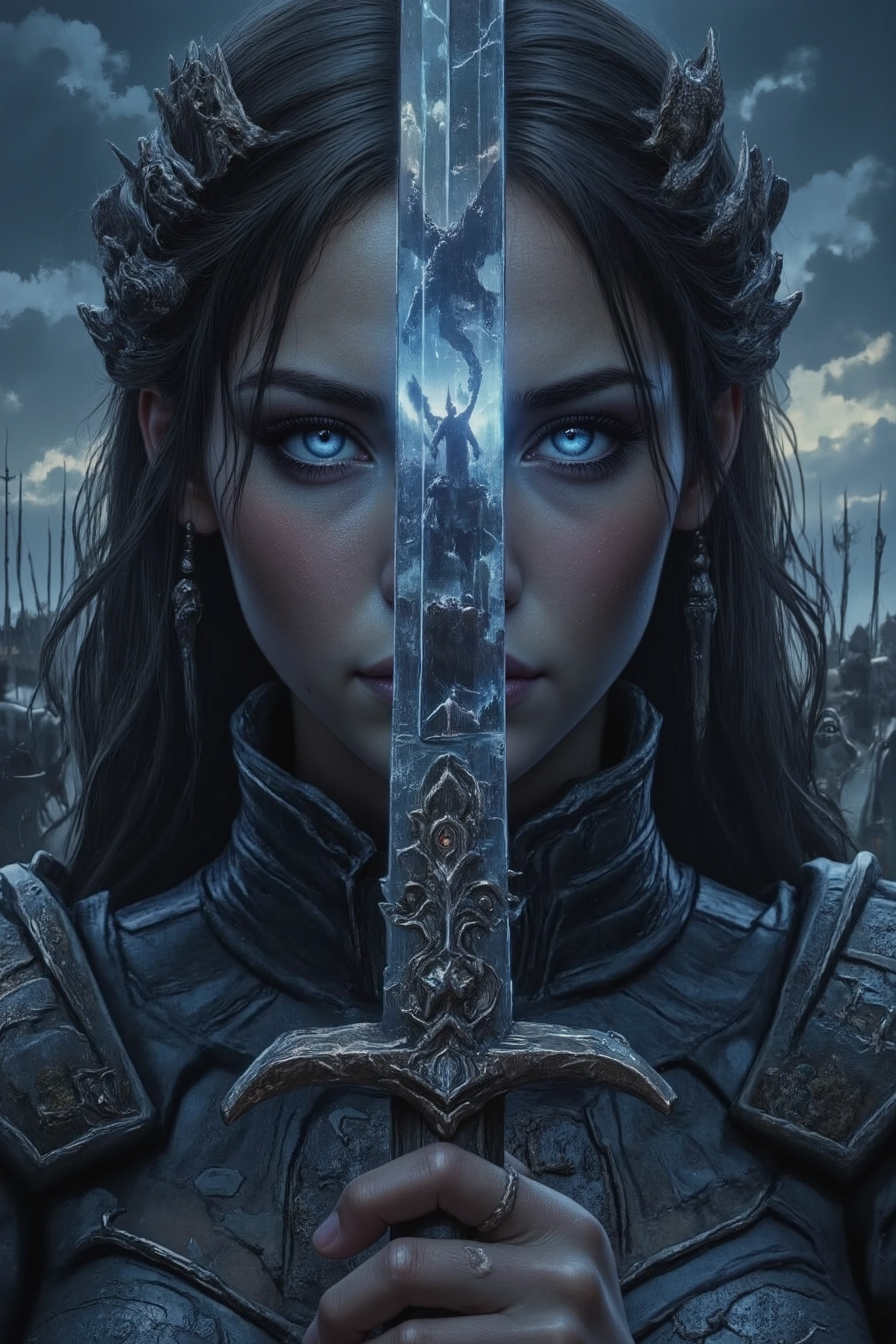 "Hyperrealistic portrait of a fantasy warrior with intense eyes reflecting the image of a dragon flying in a cloudy sky. She holds a sword vertically in front of her face, dividing its face symmetrically. In the reflection of the metallic blade, an army of soldiers with raised spears, forming an epic medieval battle scene. The sword has ornate details in Gothic style. The lighting is dramatic , with cold and metallic tones, dark and epic atmosphere. ultra-realistic quality, 8k, digital cinematographic art influenced by dark fantasy (dark fantasy)."