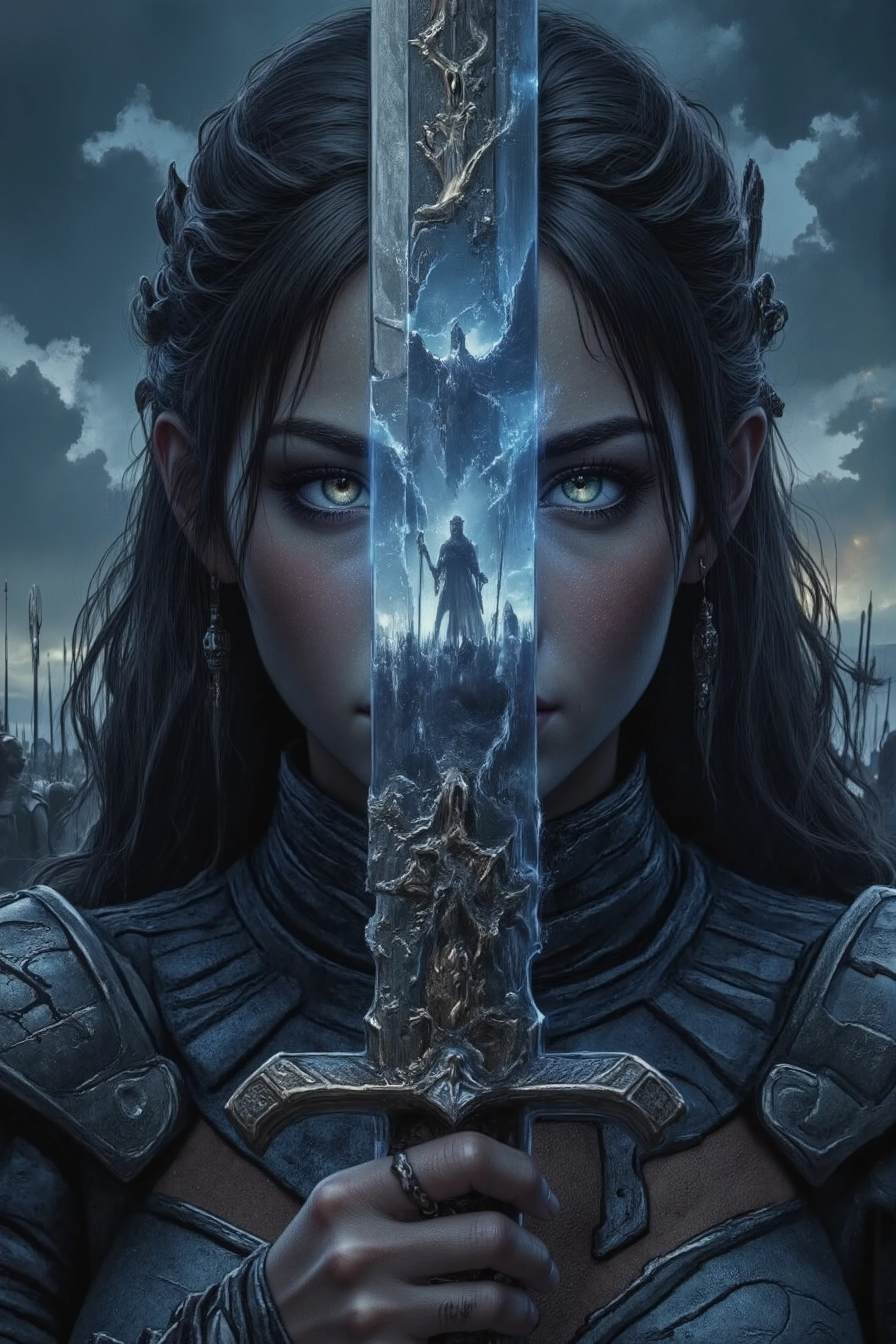 "Hyperrealistic portrait of a fantasy warrior with intense eyes reflecting the image of a dragon flying in a cloudy sky. She holds a sword vertically in front of her face, dividing its face symmetrically. In the reflection of the metallic blade, an army of soldiers with raised spears, forming an epic medieval battle scene. The sword has ornate details in Gothic style. The lighting is dramatic , with cold and metallic tones, dark and epic atmosphere. ultra-realistic quality, 8k, digital cinematographic art influenced by dark fantasy (dark fantasy)."