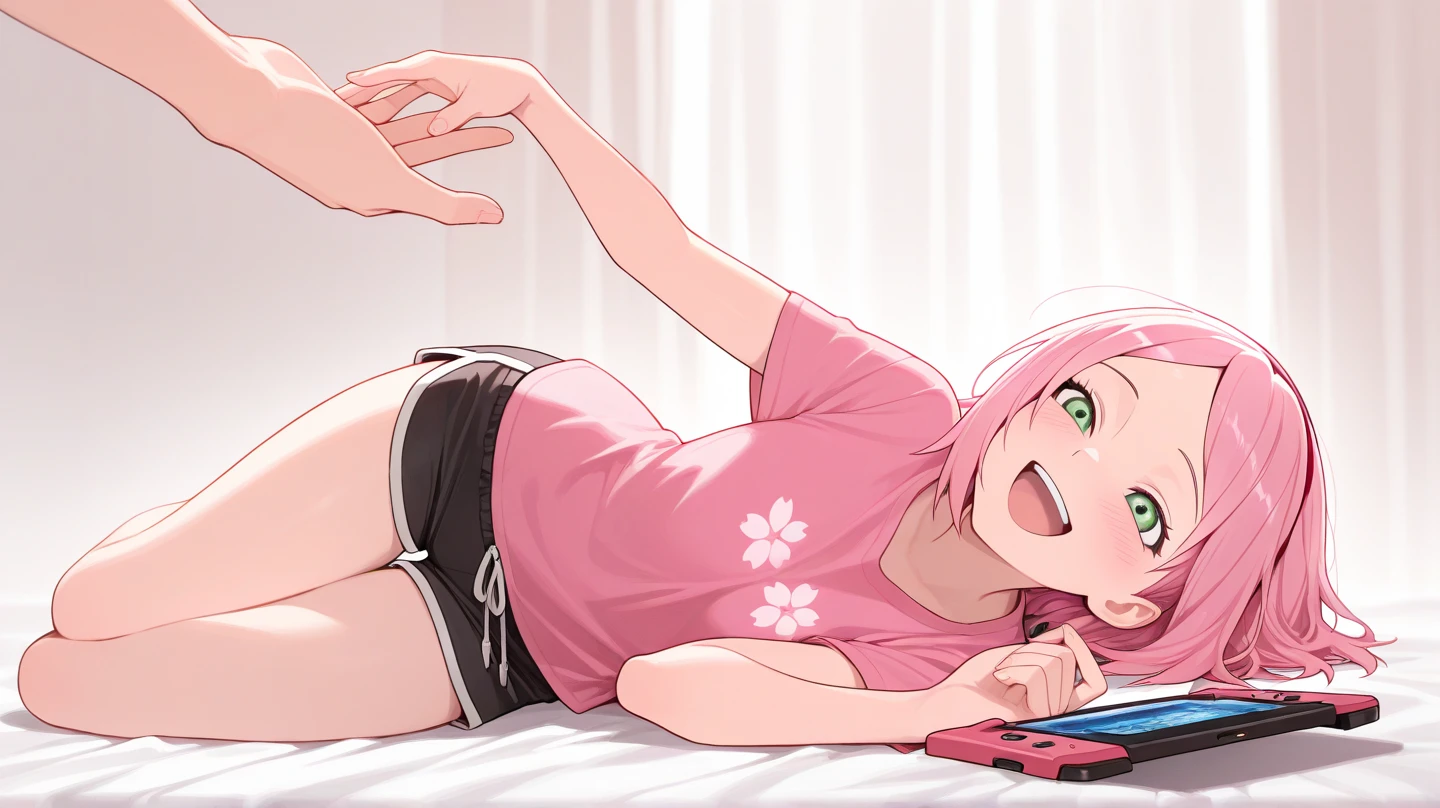 ,16 year old girl,nude,Lying down reading manga, pouting, small breasts, pink nipples,long blonde hair