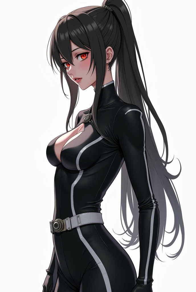 (masterpiece:1.2, best quality), (finely detailed beautiful eyes: 1.2), a girl with a brown ponytail, green eyes, big breasts, only 1 girl, age 20, black red dva jumpsuit