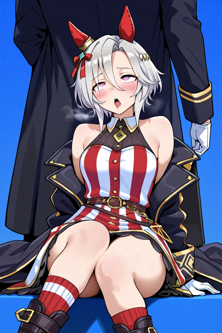 ((Highest quality)), ((masterpiece)), (detailed), (Perfect Face)、The woman is Princess Leona, with medium-long light brown hair. She is wearing a black military uniform and a military cap, and is in a luxurious bed with a dignified old man, an old general, who holds her close and kisses her while inserting his penis into her pussy and ejaculates a large amount of semen into her pussy.、Women are brainwashed, expressionless, and have no highlights in their eyes.