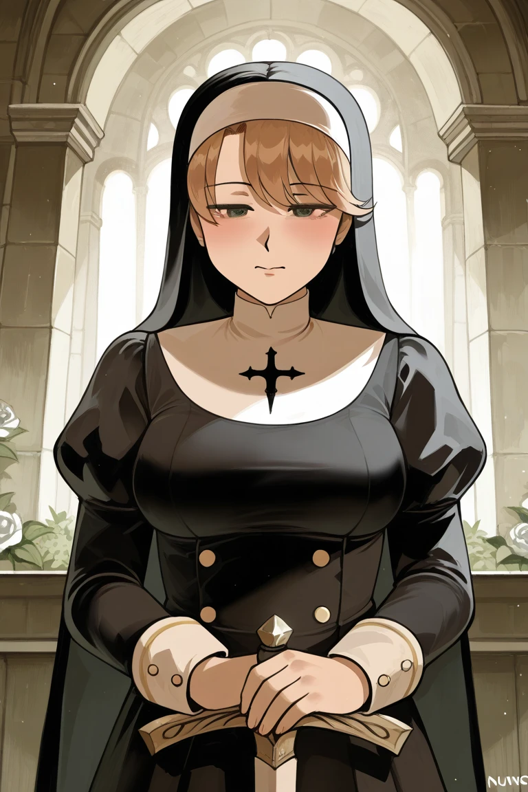 Adult female, dark fantasy, very short brown hair, red irises, cleric, black on white cleric robes, blushing, angry, dungeon, pointing, running from monsters, highly detailed, high quality, perfect eyes, dirty, cuts, incredible background detail