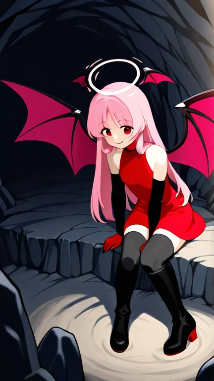 full body image of an anime style girl, the girl has a very thin body, the girl has short legs, the girl has a very , the girl smiles provocatively, the girl has white skin, the girl has very small breasts, the girl is slightly blushing, the girl has red ears shaped like bat wings, The girl has short purple hair, the girl is posing sexy, The girl wears a tight red latex suit, The latex suit does not cover the girl's arms or legs., the girl has a thin black demon tail, At the tip of the girl's tail there is a black arrow, the girl is standing, the girl's eyes are bright red, the girl is smiling, the girl has bat wings full of spikes on her back, The girl has very marked black eyeliner on her eyes., the girl's expression is provocative, The background of the image is a garden at night with night lights and luminous plants,