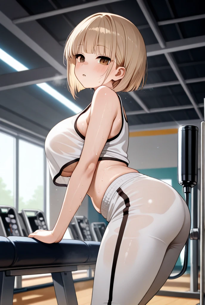 Young girl with blonde short hair. She is wearing a white top through which you can see her nipples, weil er schon nass ist. She has big busts and a tight ass. She is wearing leggings and standing in a gym