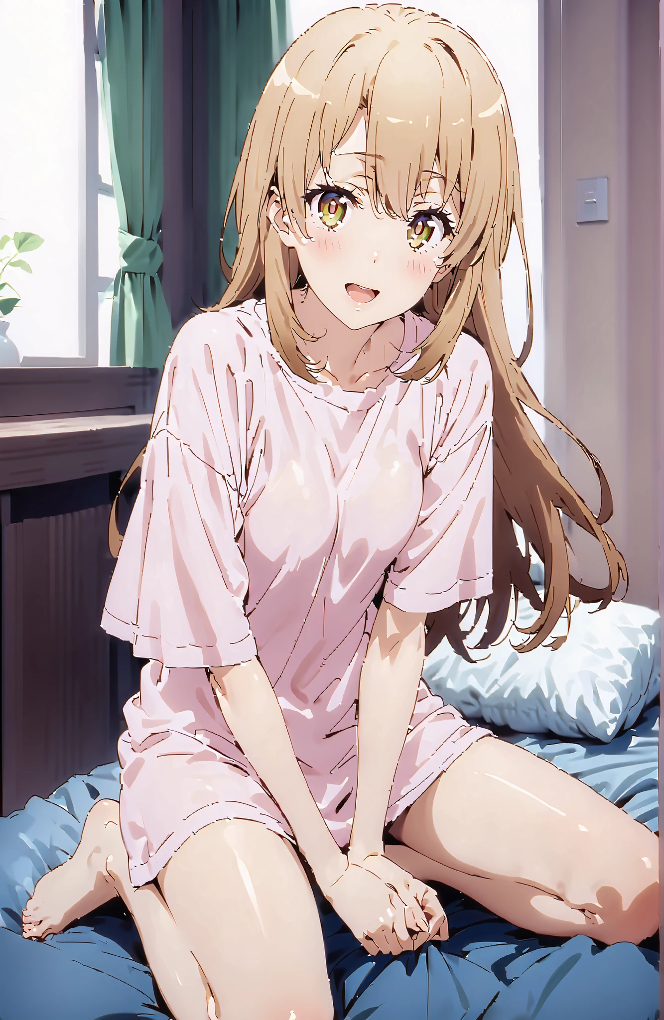 score_9, score_8_up, score_7_up, source_anime,Iroha Isshiki, long hair, brown hair, brown eyes,smile,blush,opens his mouth,oversized t-shirt, one shoulder,Medium breast,Bare legs,bare feet,morning,morning日,interior,curtains,window, bet, betの上に座っている,Waking up,hugging a pillow, Beautiful Streetscapes,full bodyがイラストに入るように,in their 40s looking at viewer,full body,
in their 40s indoors,bedroom,
in their 40s (masterpiece:1.2), best quality, high resolution, Unity 8Kの壁紙, ( illustration :0.8), (beautiful detailed eyes:1.6), very detailed face, perfect lighting, very detailed CG, (perfect hand in h, perfect anatomy),