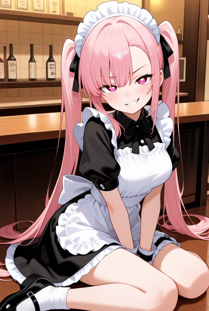 Young girl with pink hair, long twintail hairstyle, small bushy eyebrows, wearing gothic lolita clothes, (Zankuro) drawing style by zankuro artist, Zancrow style, image uploaded in R34, walking in the mall, flirty smile , suddenly having sex in public, ((doggy style sex)), ((public sex in a restaurant)) naked ass in the male crotch, standing missionary
