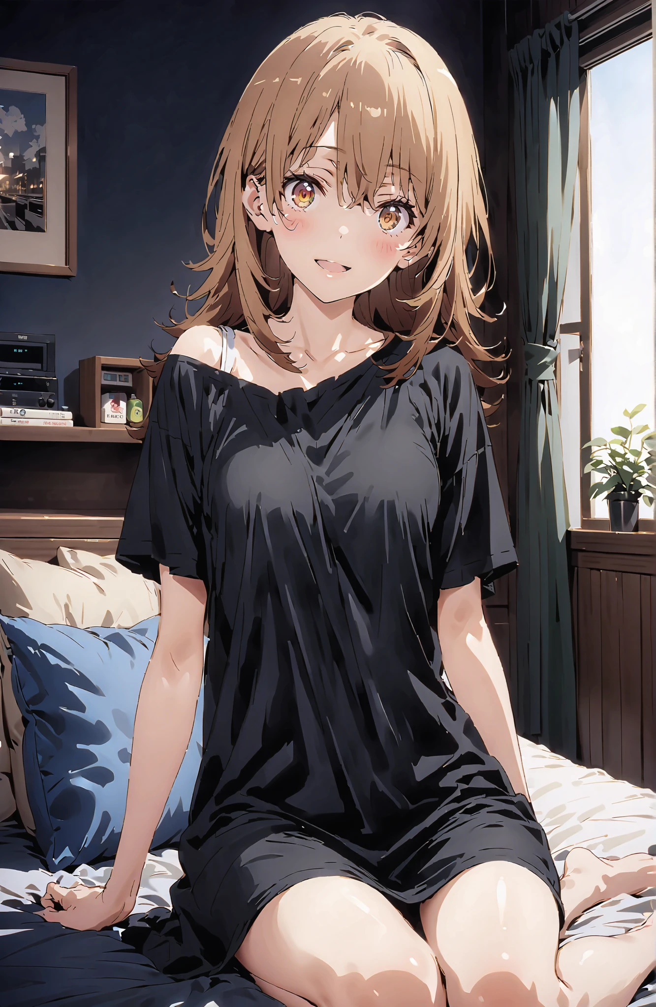 score_9, score_8_up, score_7_up, source_anime,Iroha Isshiki, long hair, brown hair, brown eyes,smile,blush,opens his mouth,oversized t-shirt, one shoulder,Medium breast,Bare legs,bare feet,morning,morning日,interior,curtains,window, bet, betの上に座っている,Waking up,hugging a pillow, Beautiful Streetscapes,full bodyがイラストに入るように,in their 40s looking at viewer,full body,
in their 40s indoors,bedroom,
in their 40s (masterpiece:1.2), best quality, high resolution, Unity 8Kの壁紙, ( illustration :0.8), (beautiful detailed eyes:1.6), very detailed face, perfect lighting, very detailed CG, (perfect hand in h, perfect anatomy),