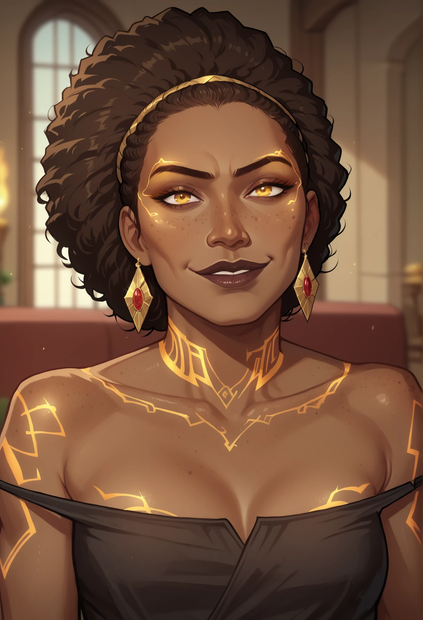 (((beautiful, high quality, comics style, detailed face))), score_9, score_8_up, score_7_up, masterpiece, best quality, unrealistically high details, extremely high quality, ultra-high detail, good anatomy, rating_explicit, perfect anatomy, anatomically correct hands:1.5, blurred background, detailxl, DeepNegative_xl_v1, zPDXL3, Score_PnyReal, deep_negative_pony, cowboy shot:1.5 BREAK human, solo1:3, 1girl, African appearance, ((smirking, sultry smile)), ((darker skin, ebony skin)), dark lips, afro_hair, MelS2_gold_tattoo, golden glowing freckles, golden glowing markings on skin, smiling, long eyelashes, collarbone, eyeliner, makeup, fantasy, black_dress, tiny_ BREAK (face near viewer), (expressive face, expressive body, expressive emotions, dynamic pose, detailed facial expression, engaging presence)