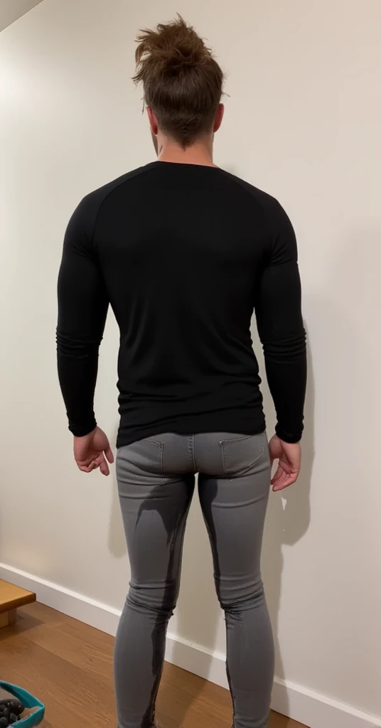 chris evans ina black compression shirt, wearing boxershorts, massive buldge