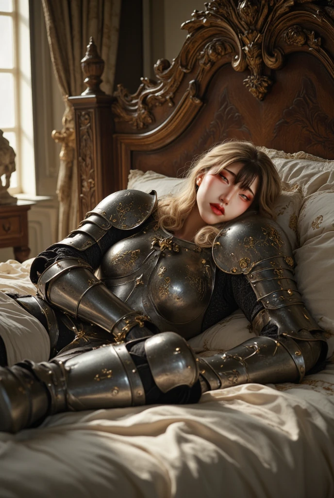 very detailed, high quality, masterpiece, beautiful, small, prosthesis ноги, Single mechanical arm, prosthesis, armor, e.g, Helmet, brown dress, a sword, holding a sword, full body, wide shot, flower, water, One, sunset, stylebuff, night, (dark environment), very detailed, high quality, masterpiece, beautiful, 1 girl, prosthesis ноги, Single mechanical arm, prosthesis, smallDef, armor, e.g, Helmet, brown dress, full body, (Best quality)), ((masterpiece: 1.2) ), (extremely detailed: 1.1), (8 K, high quality, cinematic, hyper realistic, illustration), (autodesk maya, Octane rendering, unreal engine, game character, Ray tracing, HDR), (16mm focal length , f/4 apertures, Dynamic perspective, depth of field), (1 girl, Dynamic angle, casting pose. small, long bright red hair, blood-like, brown dress из шиповника, Single mechanical arm, prosthesis ноги, prosthesis, boots of battle. Cloak of blood, underlying golden armor, valley of withered flowers, ancient sculptures around it), 3d, realistic, computer graphics, 3d модель, beautiful, elegant, confident, (hdri, blossom, edge lighting, soft lighting, restrained), zhongfenghua, Gentle\(armor\) ancient robe, golden Helmet, magician_glamorous, caftan,