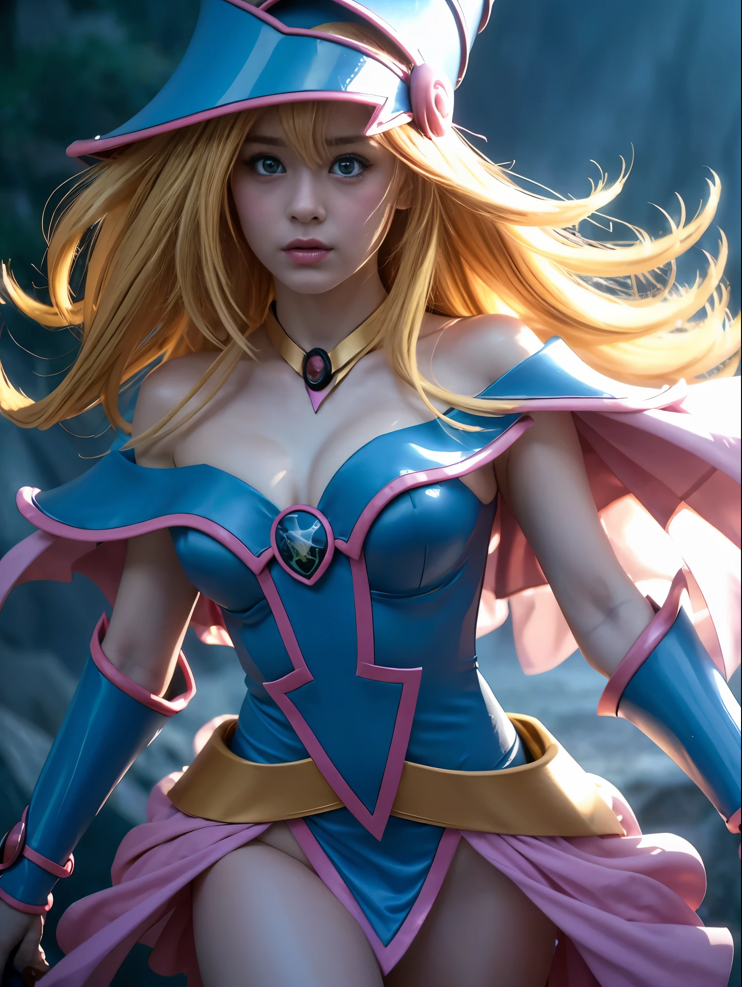 a dark magician girl, leaving a magic circle, mystical magic background, sensual pose, dark hearts in the air, detailed face, detailed eyes, detailed lips, ornate jewel-encrusted armor, glowing magical energy, dramatic lighting, cinematic composition, fantasy art style, moody color palette, dramatic shadows, ethereal atmosphere, photorealistic render, high-resolution, best quality, masterpiece, realistic, ((cute face)), japanese idol,medium breasts,night, looking at viewer