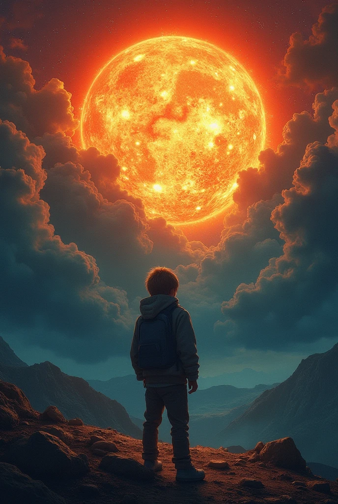 A asteroid hit the earth and left side a young boy shoking reaction