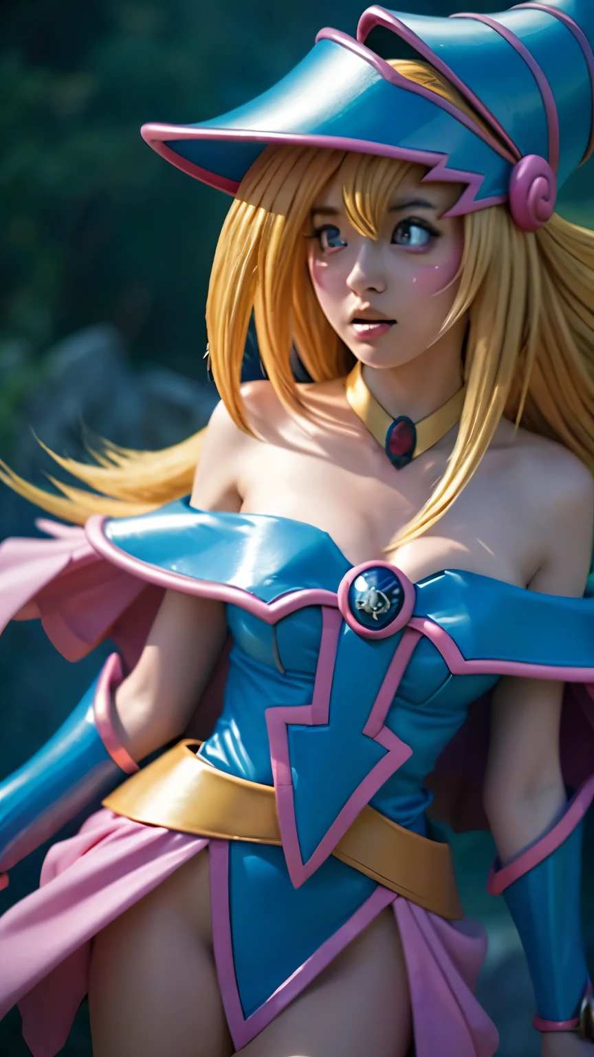 1 girl, realistic, dakimakura, Dark Magician girl cosplay, latex outfit, pink high heel boots, standing up, blonde long hair, Best quality, masterpiece,