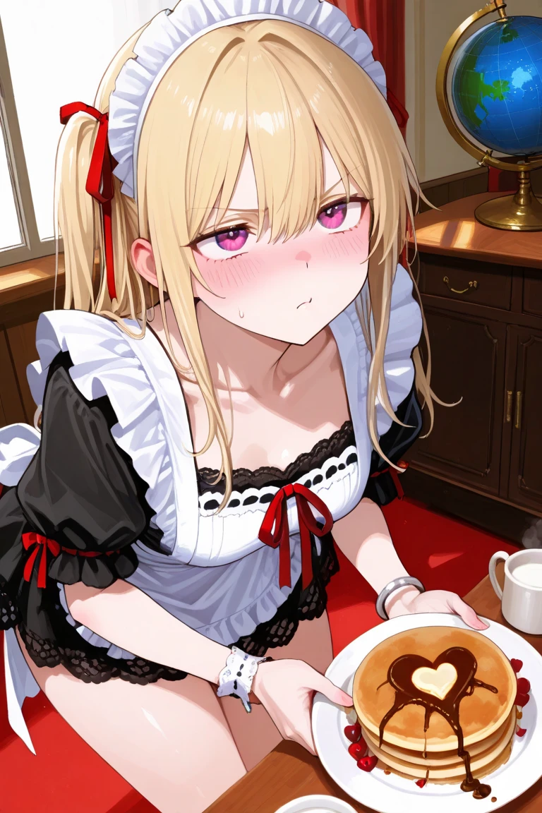 1 woman ,(( red ribbon)), beautiful thighs、tsundere、 ((Expressing affection with pancakes))., globe sleeve 、(Masterpiece, detailed:1.2),. collarbone. leaning forward.. white bracelet. court
、gunman, maid clothes、 collarbone、fondo de lace pattern blanco、flicker,. blush. Looking up at the spectator.
heart、puffed sleeves. Holding a plate with pancakes., pancake on the desk, heart mark with chocolate sauce on pancake), heart mark.heroin,
. active angles . romantic atmosphere. lace pattern.,