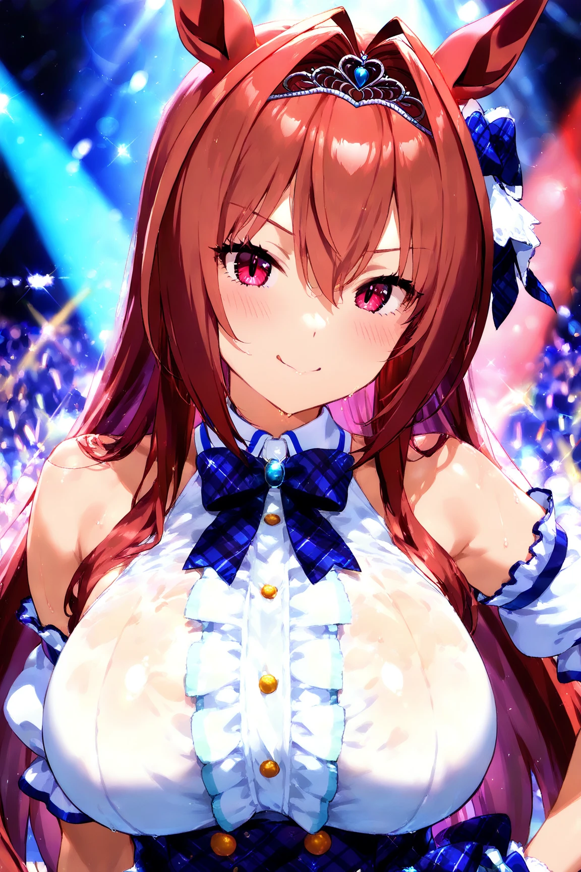 ASAMIKEI, red HAIR, PONYTAIL, LONG HAIR, SIDELOCKS, PURPLE EYES,, large breasts, live stage, solo nipple