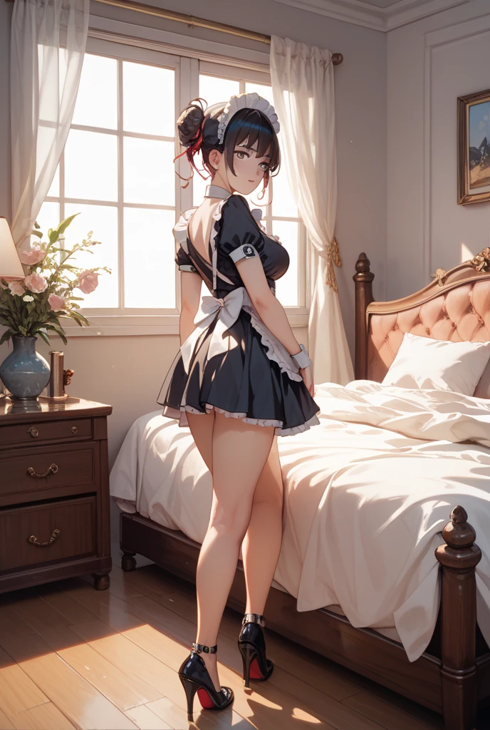 nsfw, (8k、Best image quality、Highest quality、masterpiece)、Detailed face、Detailed Background, Improve、A beautiful 35 year old woman, (Light Brown Hair:1.3), Long wavy hair, blunt bang, , Big Ass, (MaCostume:1.35), (mini skirt:1.3),Gold Necklace, Earrings, (A tense look:1.5), (Blushing:1.4), Bedroom, The floor is carpeted in brown, Dim lighting, (Have a skirt:1.2), (Lifting her skirt to show her panties:1.5k red lace panties:1.3), (lif:1.3), (show off panties), (panties visiblm front, fu
