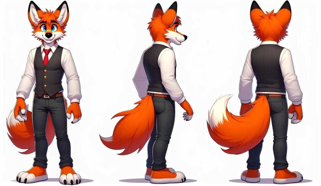 male furry fluffy anthropomorphic fox reference sheet, full body , detailed features like expressive eyes, bushy tail, sharp teeth, realistic fur texture, medium: digital illustration, front view and back view, high-resolution, professional quality, intricate patterns on the fur, adorable and charismatic personality, attention to anatomical accuracy, a mix of dark green and white fur, designed facial structure