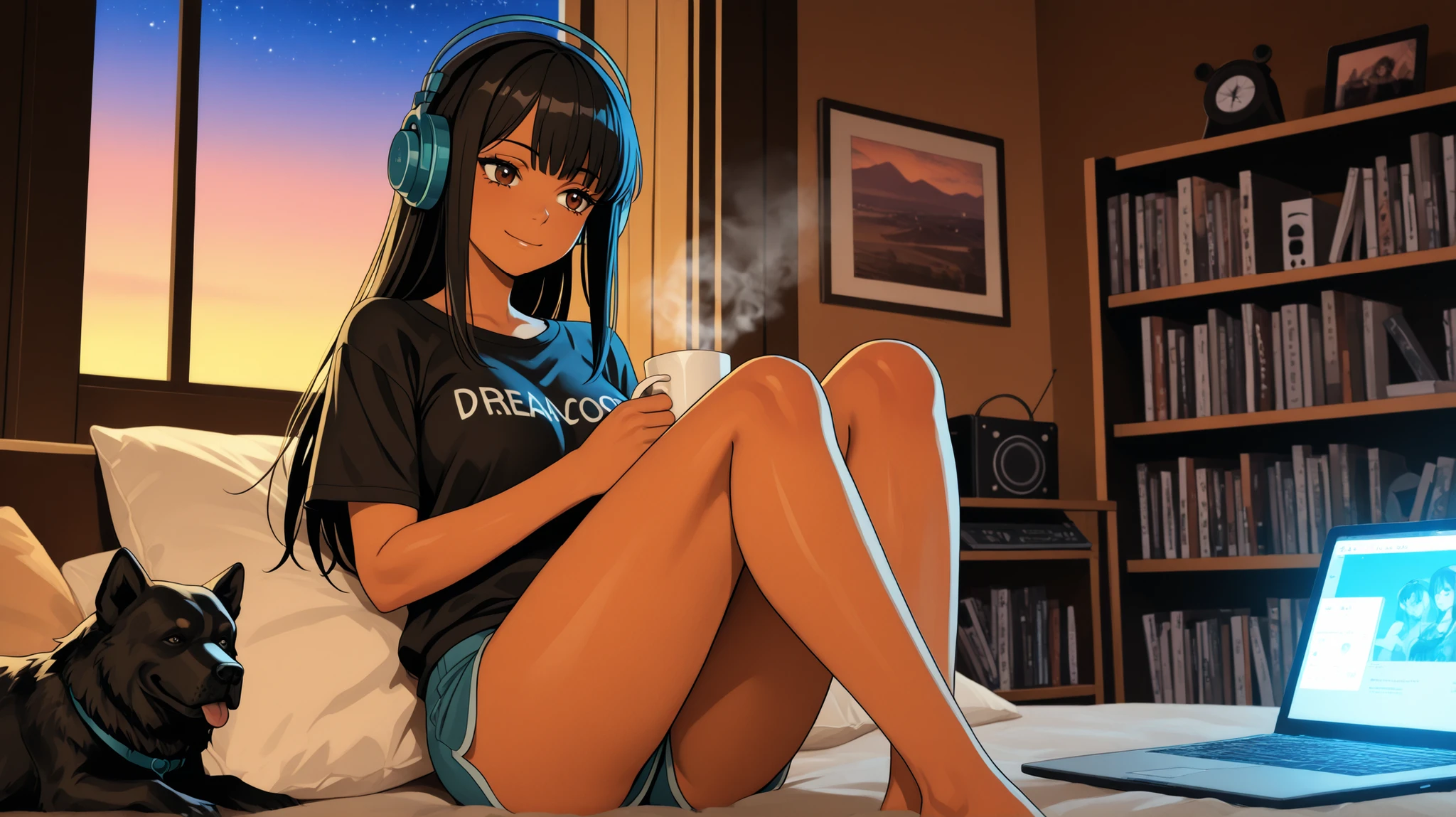 A stunning 3D anime-style scene featuring a hot Brazilian girl with darker skin tone, brown eyes, long straight black hair, big and a great body, stunning and beautiful artwork, bright shadows, bold colors and a black Chow Chow dog sitting on a cozy rooftop cafe terrace at dusk, overlooking a vibrant landscape of fields. The girl is wearing large headphones and a low-cut t-shirt, with short shorts and holding a steaming cup of coffee. She looks out over the fields in deep thought, immersed in the music. The Chow Chow dog is sitting next to her, looking peaceful but calm and happy. The background features a window of an elderly girl’s messy bedroom, with a tablet, computer, bookshelf, radio, laptop, clothes and a landscape of lush green fields and a starry sky at dusk. Soft ambient lighting and a cinematic depth of field create an immersive and dreamlike lofi vibe. A light mist in the air adds to the atmosphere. The entire composition was created to be relaxing, nostalgic and visually stunning, as a backdrop for a lofi musical animation. The scene is a perfect blend of anime aesthetics, warm lighting and cyberpunk tones, evoking feelings of peace and inspiration.