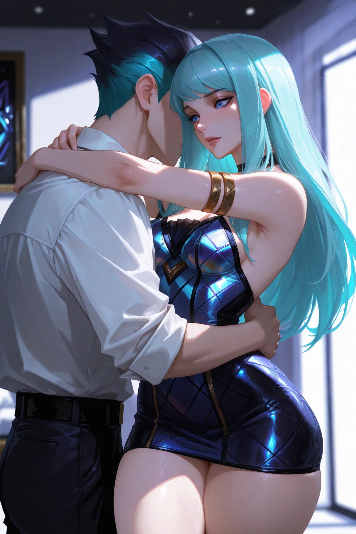 A woman with blue hair having sex with a man