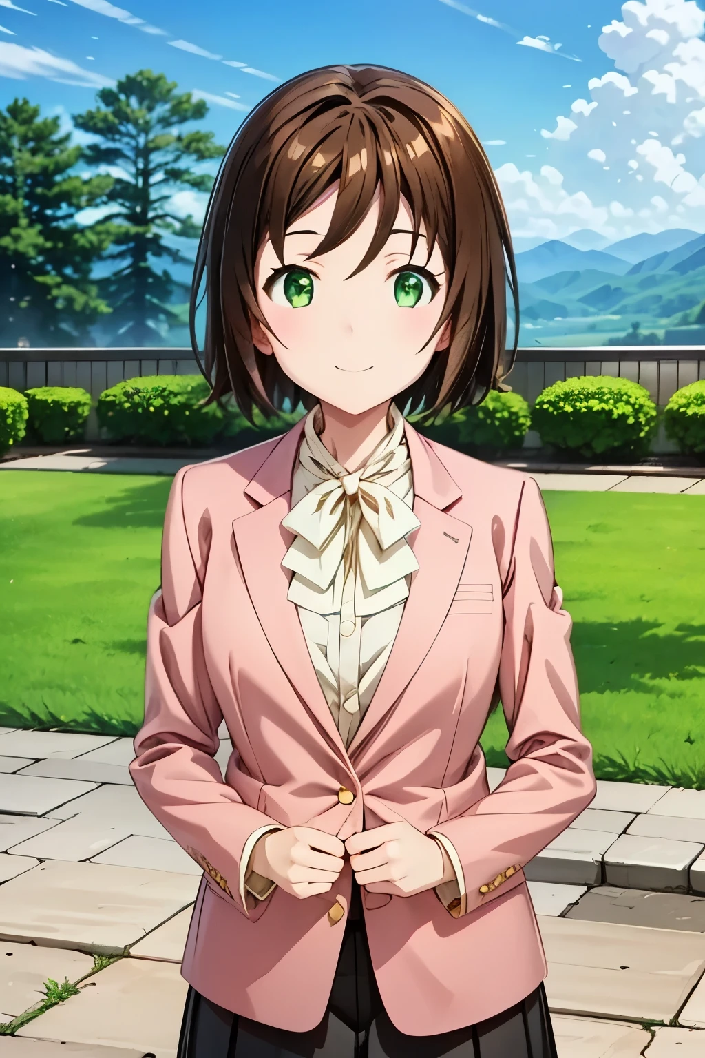 masterpiece , best quality , high resolution , Sense of unity、 8k Wallpaper , is smiling、front shot、standing、1 girl , solo、smile、Aiko Hatayama,, green eyes , brown hair , alone , short hair , jacket , ピンク色jacket, shirt , blazer , long sleeve , uniform , bungs , hair between eyebrows , cowboy shot、