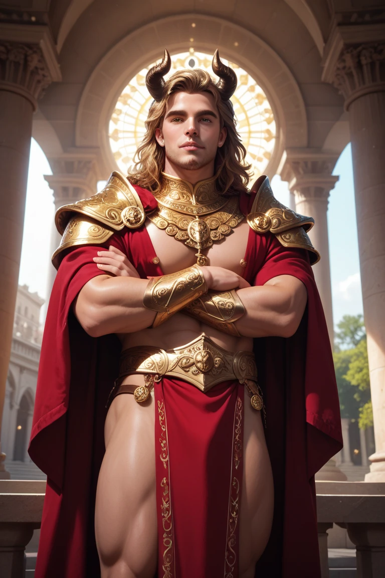 ((artwork)) ((body completo)) ((30 year old man)) body: brownish skin, high, muscular, ((body hair)) ((platinum ruby hair)) male face, barba, beautiful eyes, detailed eyes ((Gold colored eyes)). Expression: Seductive, sonrisa Seductive. CLOTHES: Red Greek Cape, TOGA BLANCA, Gold ornaments, greek prince ornaments. pose: dynamic, Whole body. scene: greek temple, Greek columns. Decor: winter, decoración de winter brillante, Wonderful lighting.