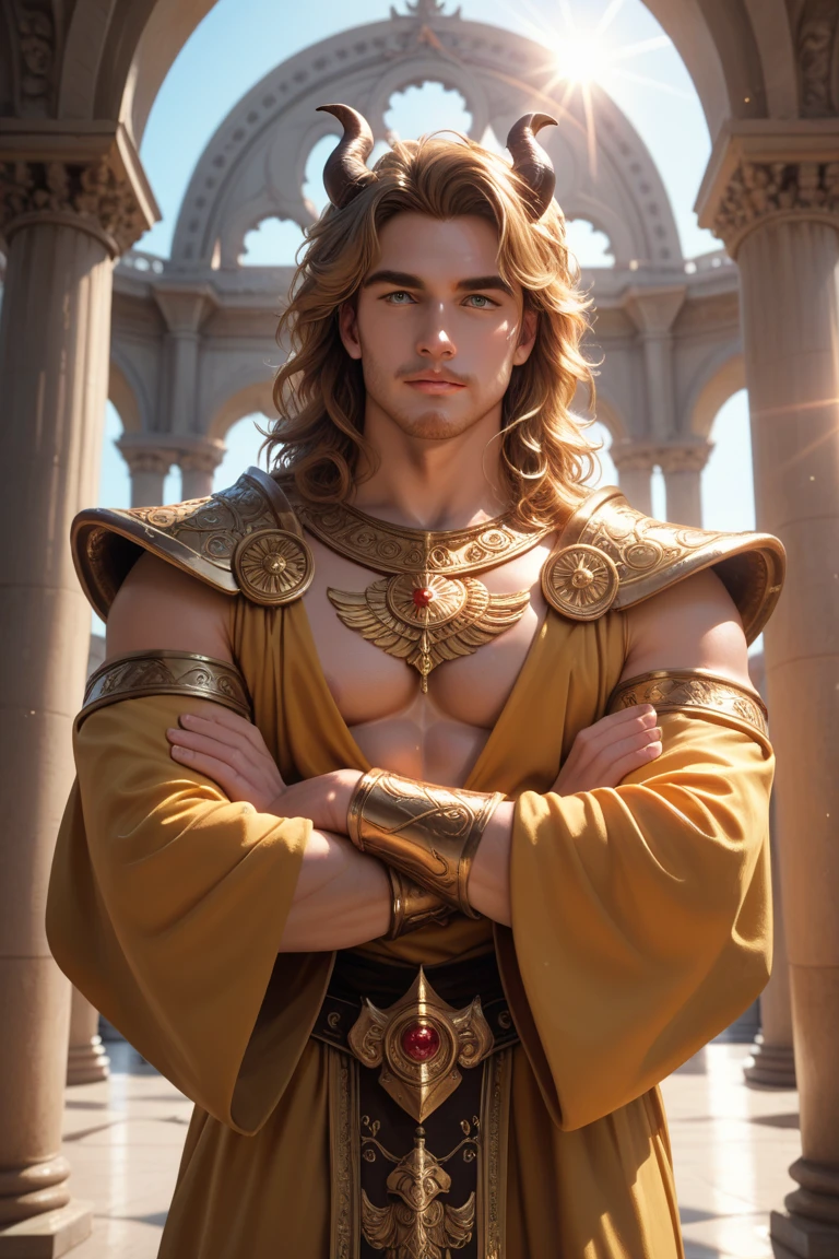 portrait of a young high elf noble, (male focus), medium wavy ginger hair, masculine face, smiling, inquisitive, full body, wearing a skimpy silver scarf and cape, in front of white elven towers, at sunset, high detail, bokeh, 4K, (embedding:dw01-3400:0.8)