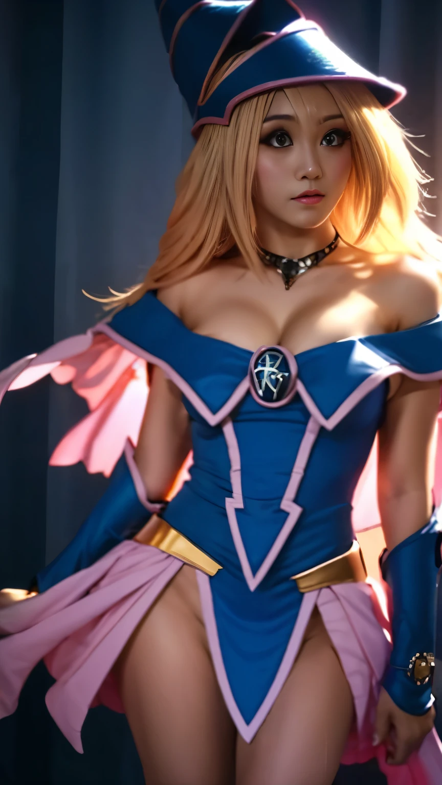 raw photo, a portrait of sxeyez, (8k, RAW photo, best quality, masterpiece:1.2), (realistic, photo-realistic:1.37), ultra-detailed, (high detailed skin:1.2), 8k uhd, dslr, soft lighting, high quality, film grain, Fujifilm XT3 , dark magician girl, masterpiece, best quality, 1girl, blonde hair, blue footwear, blue headwear, breasts, duel monster, hat, hexagram, large breasts, long hair, looking at viewer, nail polish, pentacle, pentagram, solo, staff, wand, wizard hat, yu-gi-oh!   <lora:japaneseDollLikeness_v10:0.5> <lora:darkMagicianGirlLora_1:0.7>