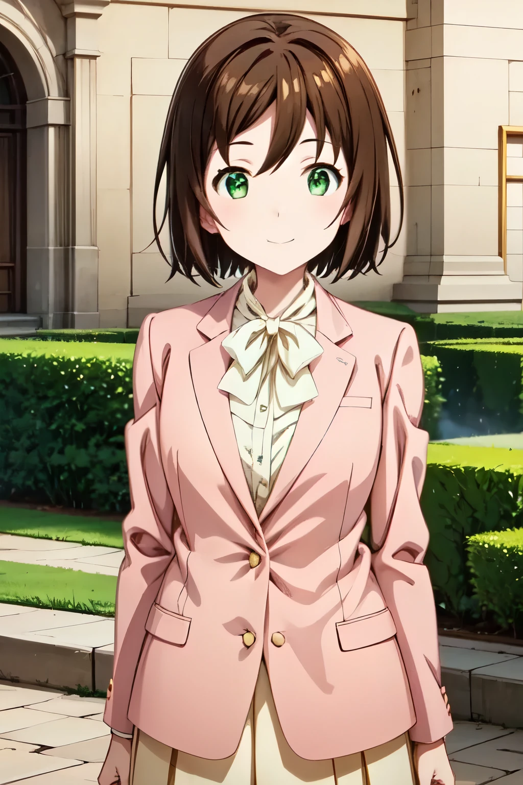 masterpiece , best quality , high resolution , Sense of unity、 8k Wallpaper , is smiling、front shot、standing、1 girl , solo、smile、Aiko Hatayama,, green eyes , brown hair , alone , short hair , jacket , ピンク色jacket, shirt , blazer , long sleeve , uniform , bungs , hair between eyebrows , cowboy shot、