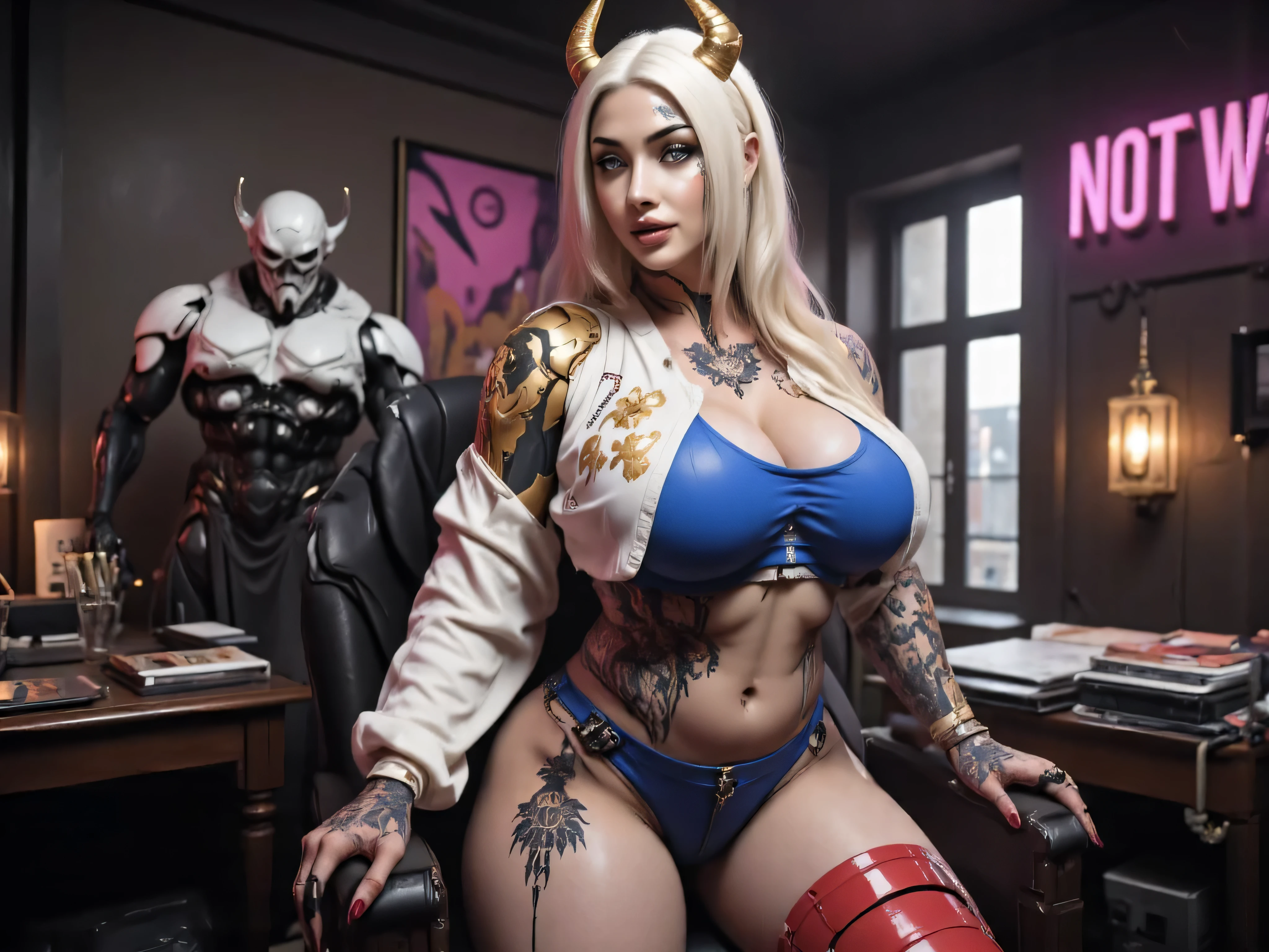 ((best quality)), (Masterpeace, high quality, high resolution, realistic photo, photography, detailed), 1 japanese porn star women stormtrooper fighter gangster , age from 30 to 36 years old, porn star Xo Gisele horny cyber succubus, 8k_wallpaper, extremely detailed eyes, (large masterpiece digital art), (intricate details:1.3 ), (ultra-detailed:1.3), (sharp focus:1.3), (natural lighting:1.05), (vivid colors:1.3), (best quality:1.4), HDR, studio lightings, expressive eyes, full body shot, the whole body is covered with Korean tattoos, detailed face, beautiful face, perfect face, impudent rude predatory and vulgar look with a predatory fanged smile, smiles predatorily with passion in the eyes, ((thick lush white sandy hair)), (korean light predatory makeup and long golden horns), {{wet light bronze skin}}, ({wet light bronze skinned female}), (big breasts), huge chest, (pelvis widens:2.4), big ass, powerful and defined abdominal and leg muscles, powerful leg muscles, she is dressed in an open white jeogori decorated with patterns of gold and dark blue maple leaves, a bright blue crop top with large nipples sticking out, a belly piercing, leather mini shorts with garters and fishnet stockings, red short platform boots, she is sitting in a cyberpunk office of a modeling porn agency, ultra-realism, hyper-realism, cinematic, erotic fantasy, Chinese style,
