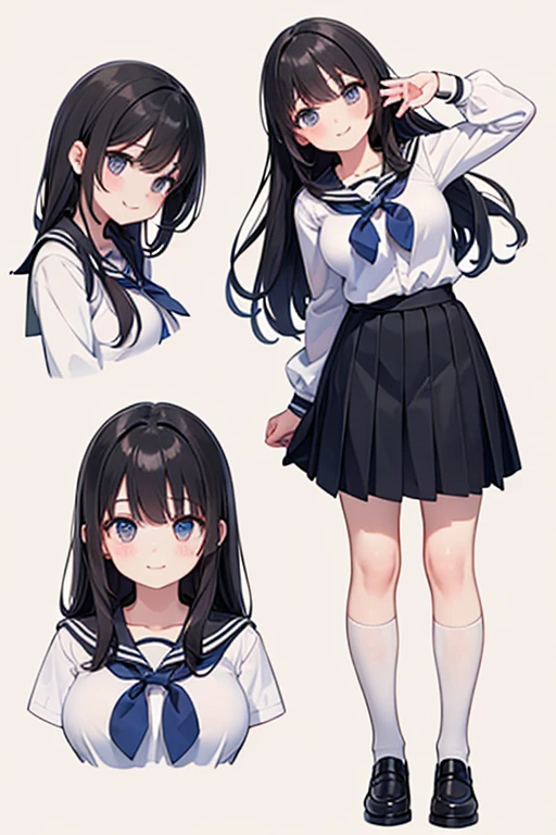 White background、Solid white background、Blank background、Ultra-high resolution, highest quality,Solo,just standing girl, One Girl、Upper body shot from the front,arms behind back、Put your hands behind your back、Hide your hands、fish-bone braid hair、Fishbone Hair、black hair、busty、beautiful detailed eyes、Black hair × Blue eyes、blue eyes、Open your mouth without showing your teeth、Smile with mouth wide open、 Black long sleeve blazer,Black pleated skirt、Knee-high socks、