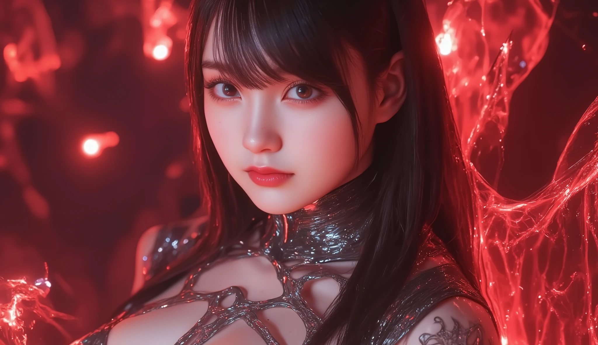 Sexy and Seductive Satanic Girl with a Stunningly Gorgeous, Beautiful, and Perfect HR Gigger Tattoo, perfect face, Super Detailed Vivid Eyes, big breasts, full body image, nude, Neon Ruby,