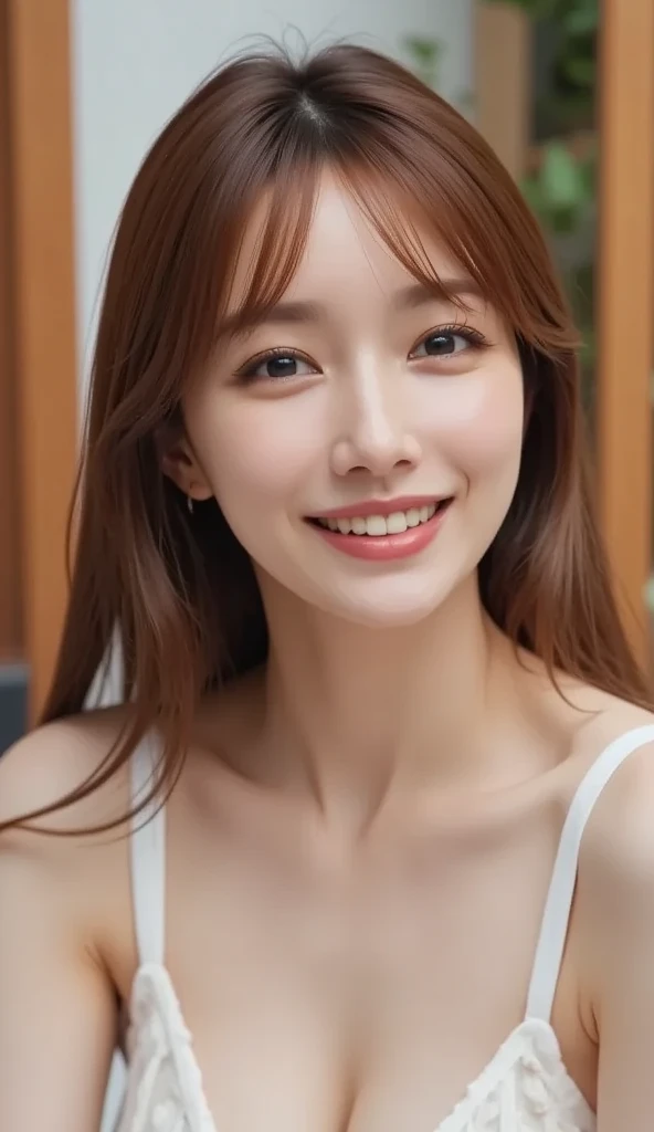 masterpiece,best quality,(Japanese ),((Beautiful girl)),cleavage,indoor,(perfect body beauty:1.2),(shy smile),beautiful teeth,