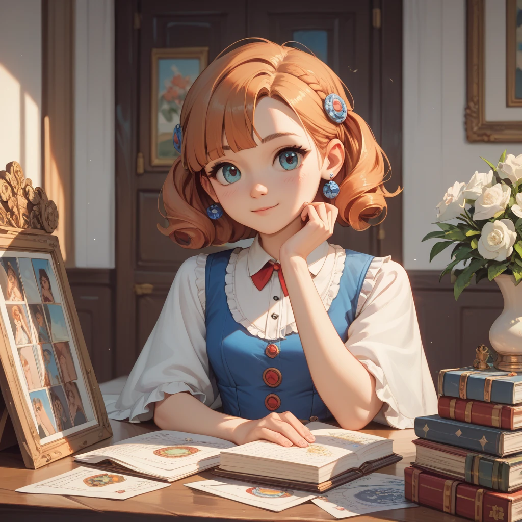 hyper-detailing, 8k, vibrant with colors, fairy tale style, Dimm, warm light, Warm interior scene, The items are rich in detail, Childlike atmosphere, Smiley faces or cute expressions, orange colors、amarelo、Pink tones, music instrument, book, toys, Detailed scenes such as animals。 --auto