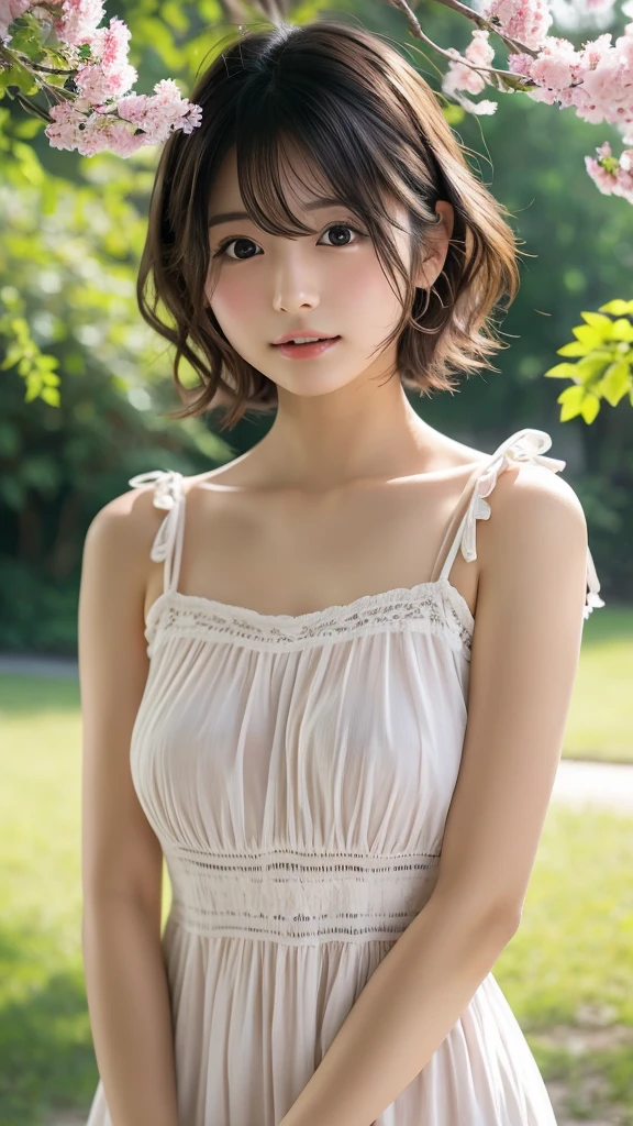Ultra-high resolution、(Real:1.4)、One beautiful woman、Beautifully detailed eyes and skin、Light brown short hair、A Little Smile、Small Bust、plain dress、A field of colorful flowers、Soft spring sunshine、Dramatic composition、
