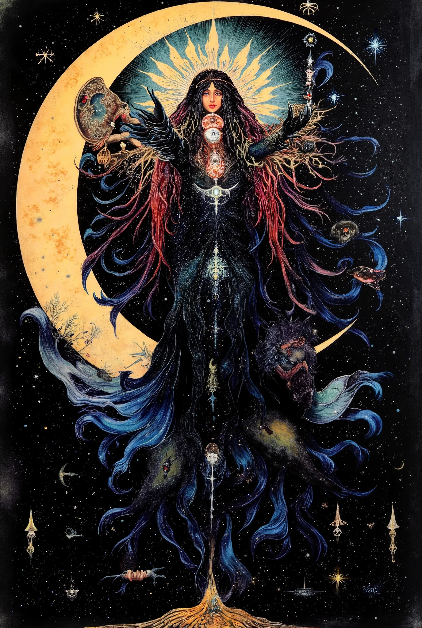 A radiant, ethereal Gothic fairy with flowing dark locks cascading down her shoulders, gracefully perched atop a melting crescent moon adorned with Black Obsidian skulls and bones. Stars gleam and twinkle like celestial jewels in her outstretched hand. This enchanting scene is captured in a mesmerizing, haunting painting, with vibrant colors radiating warmth and black magic, blending a surreal and mystical atmosphere.