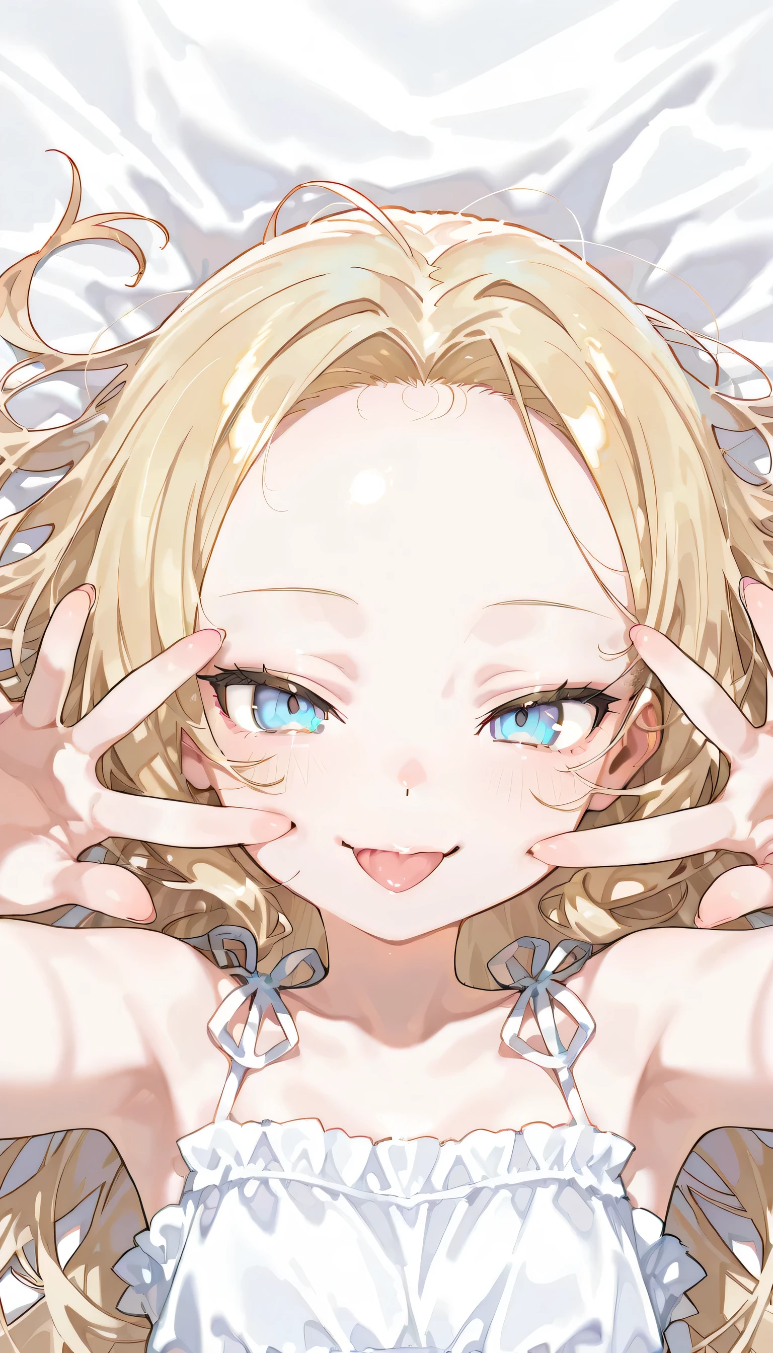 {{{masterpiece}}}, {{{best quality}}}, {{ultra detail}}, {illustrations}, {{very delicate and beautiful}},1girl,,,very long blonde hair,blue eyes,pale skin,detailed beautiful eyes,(small eyes:1.1),(forehead:1.2),messy hair,,A garden filled with beautiful flowers,,,from before, summer dress,, (head tilt:0.3),tsurime,,detailed fingers, teasing smile, lips:0.1, colorful fruits, on back, open arms for viewer, upside-down face, tongue out,
