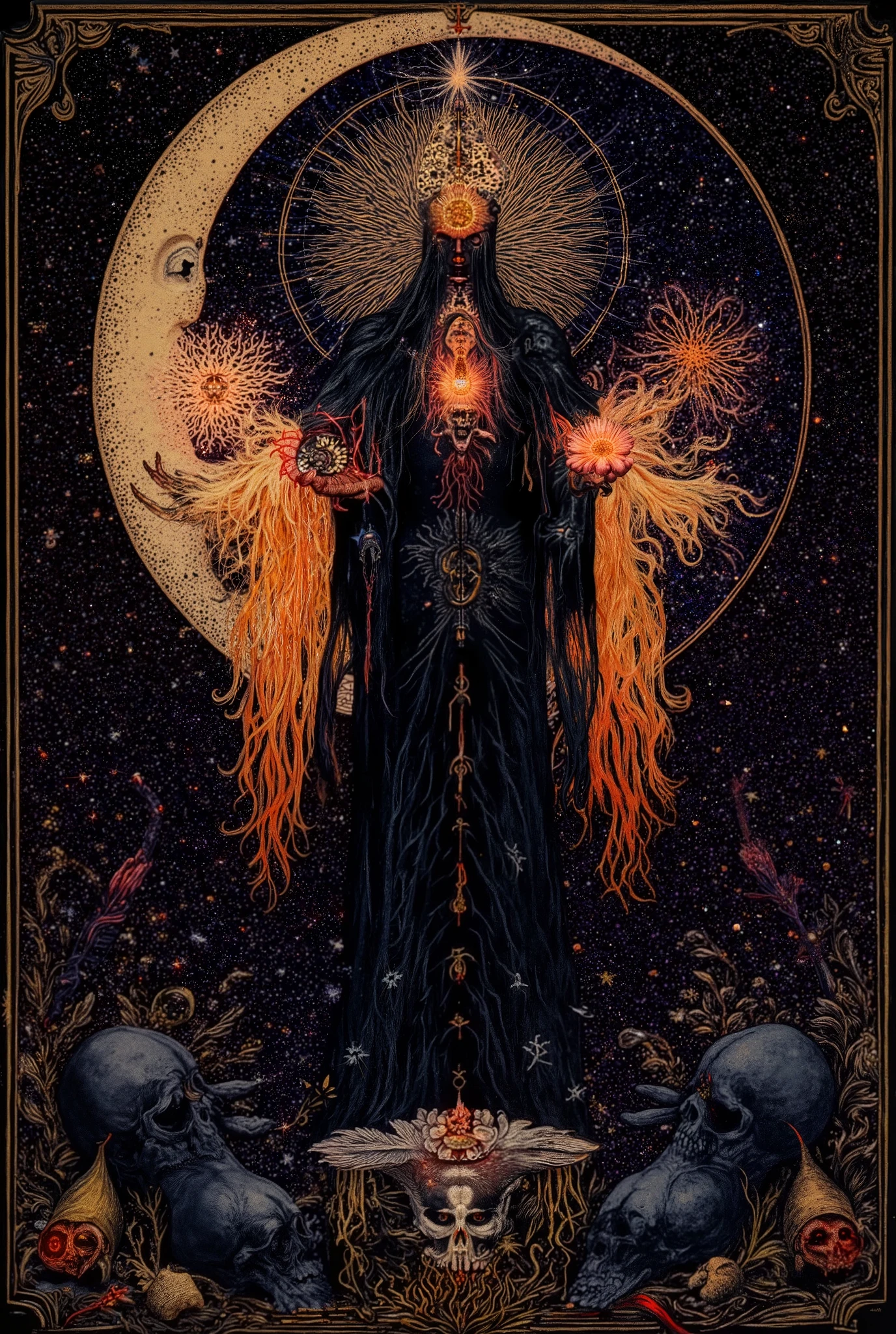A radiant, ethereal Gothic fairy with flowing dark locks cascading down her shoulders, gracefully perched atop a melting crescent moon adorned with Black Obsidian skulls and bones. Stars gleam and twinkle like celestial jewels in her outstretched hand. This enchanting scene is captured in a mesmerizing, haunting painting, with vibrant colors radiating warmth and black magic, blending a surreal and mystical atmosphere.