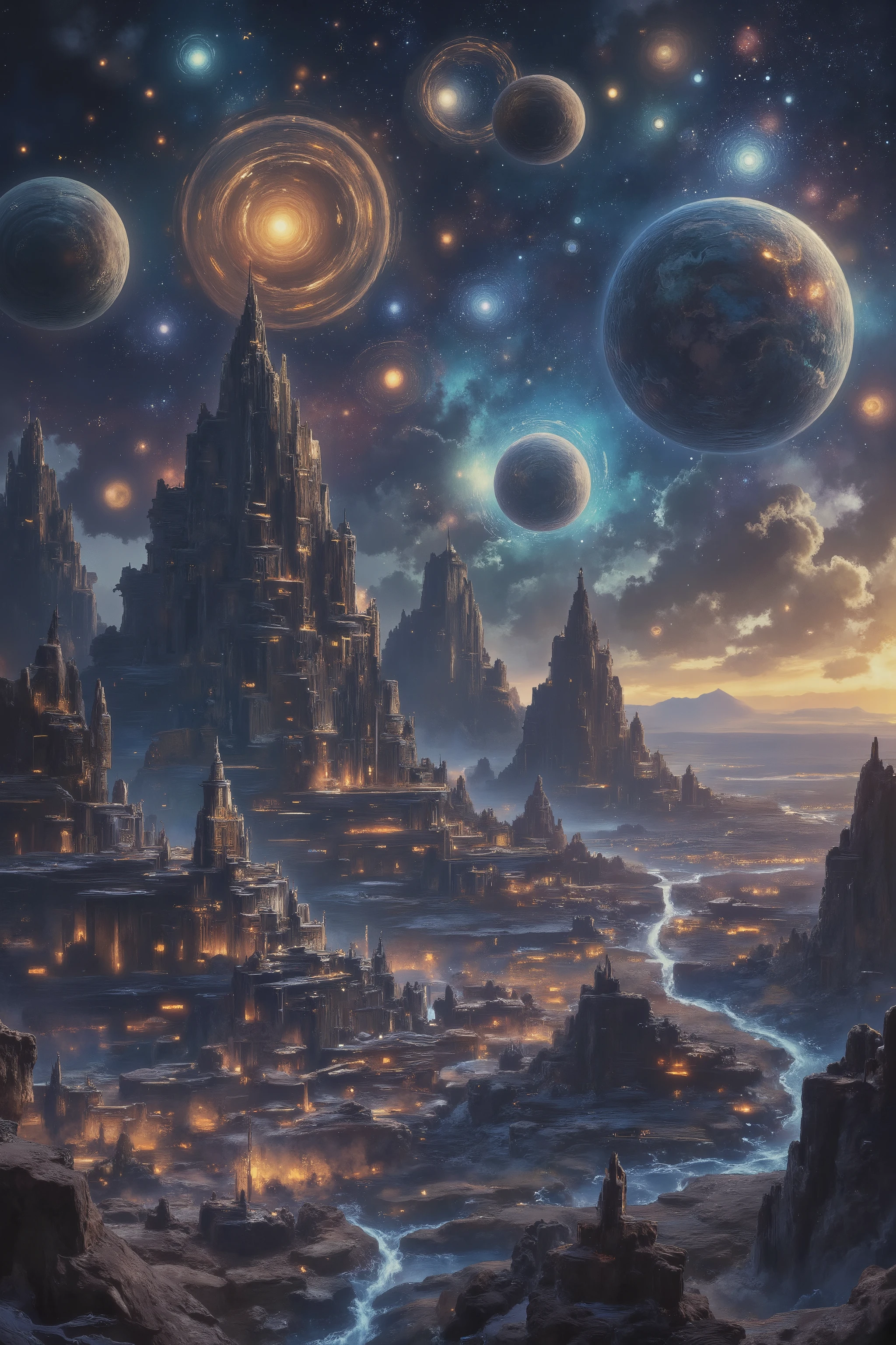 "Epic alien landscape in sci-fi style/fantasy with a futuristic city built along sinuous rivers. Pointed mountains and surreal rock formations dominate the setting. IN THE SKY, gigantic planets and cosmic atmospheres with galaxies, planetary rings and spiral nebulae, creating an impressive celestial environment. Complex architecture influenced by ancient civilizations and advanced technology. Rich colors and extreme detail. cinematographic quality, 8k, hyper-realistic digital painting style with mystical atmosphere and grand scale."