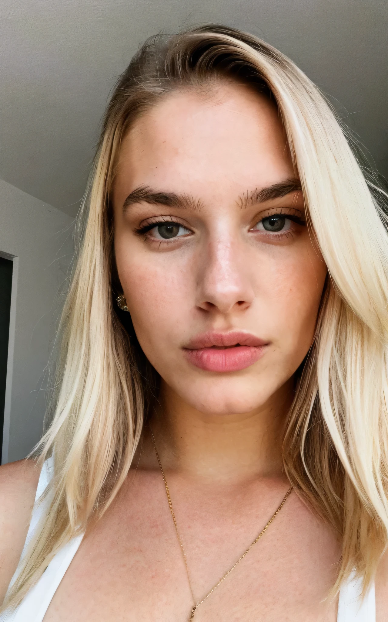 une femme blonde de 23 ans prend un selfie en plein air au soleil, The sea in the background, on voit la mer dans le fond de l'image, la mer couvre tout le fond, 50mm f/2.8, Photorealism, Blonde Hair with Light Brown Roots, cheveux blond, Cheveux avec des racines brunes, Very long hair, yeux bleus, belle femme, vue de face, Extreme close-up of the face, zoom sur le visage, elegant black shirt, elegant beige shorts, high quality, selfie, profondeur de champ courte