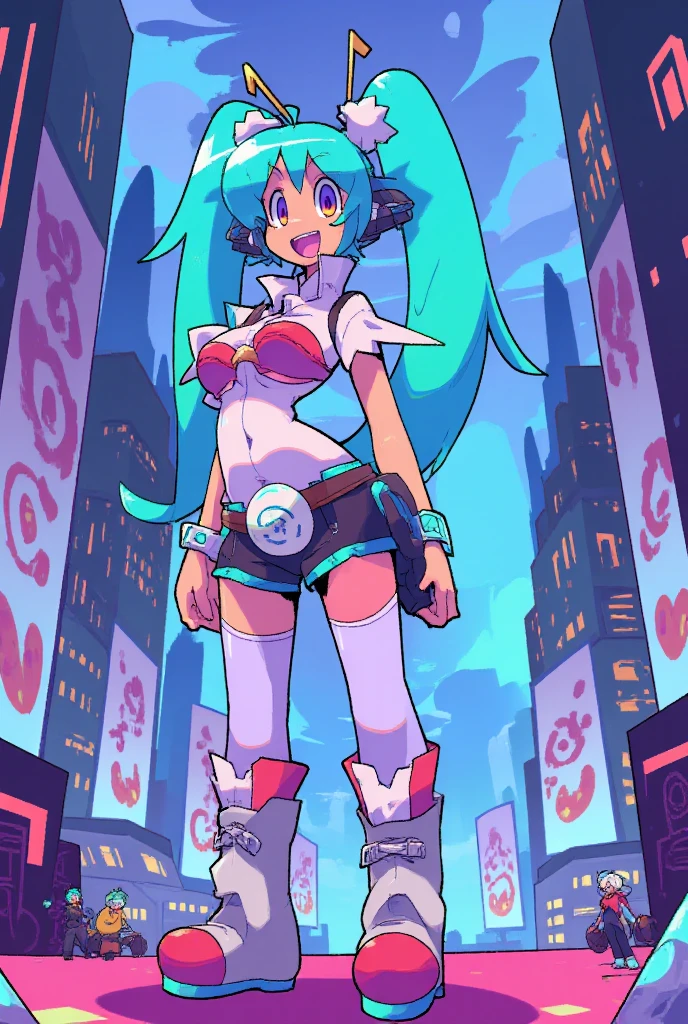 a girl sitting on top of bicycle, dolphin shorts, blue hair, ponytail, A futuristic cityscape