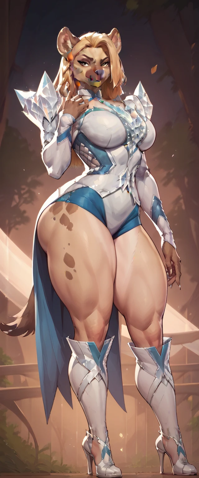 (sfw)))), uploaded the e621, beautiful and detailed,woman (((female))) ((anthro)) hyena, Ross Tran, by ruan jia, by zaush, by foxovh, lighting cinematic, seductor, hyena, thighighs, (huge chest) foxovh rilea canid canine mammal 1girl huge large breasts cammy white, (large breasts ), (thick thighs),twin braids, long hair, blonde hair, ponytail hair, beret, (blue headwear:1.3), blue eyes, scar on cheek, blue leotard, sleeveless, blue gloves, fingerless gloves, camouflage, cowboy shot, standing, outdoors, full body,arms at sides, straight-on, her right leg have a blue bow sexy